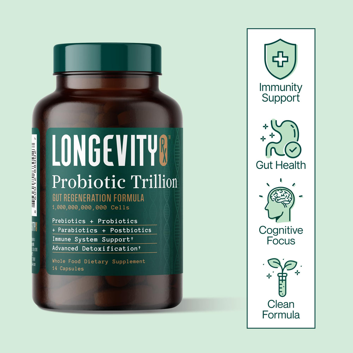 Longevity Rx Probiotic Trillion bottle with measuring spoon