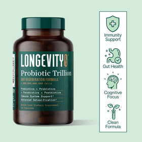 Longevity Rx Probiotic Trillion bottle with measuring spoon