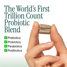 Longevity Rx Probiotic Trillion capsule with glass of water
