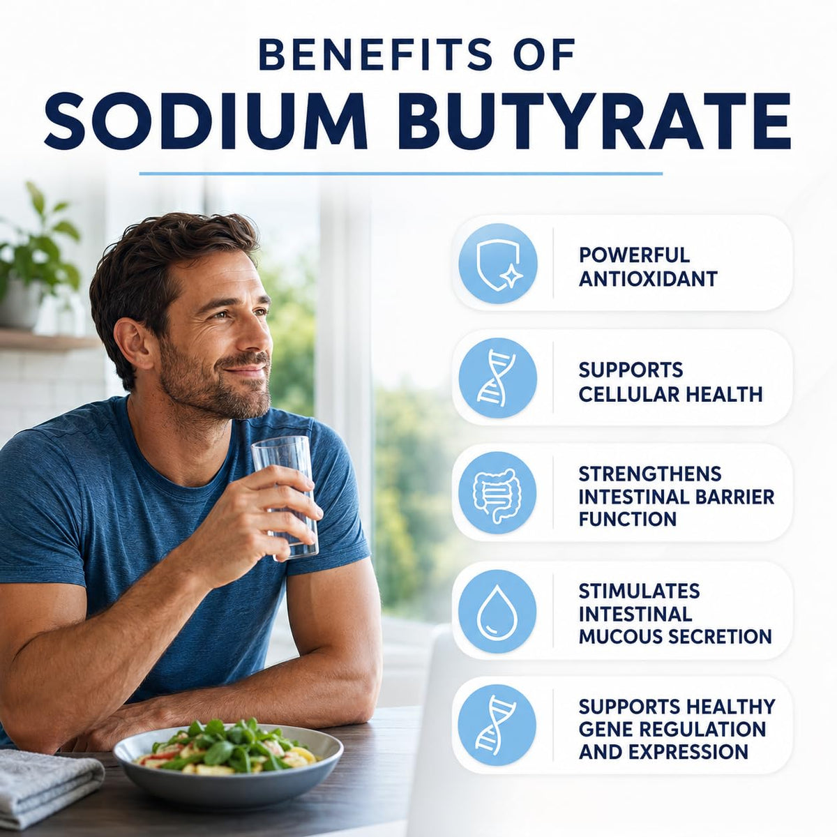 LongJuvity Labs Butyrate de Sodium avec un verre d'eau