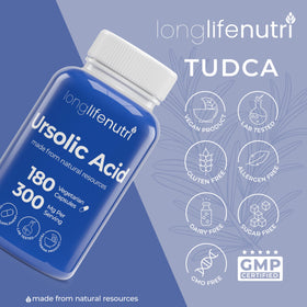 LongLifeNutri Acide Ursolique 300mg gélules avec extrait de romarin en arrière-plan