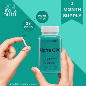 LongLifeNutri Alpha GPC 600mg avec un organiseur de comprimés