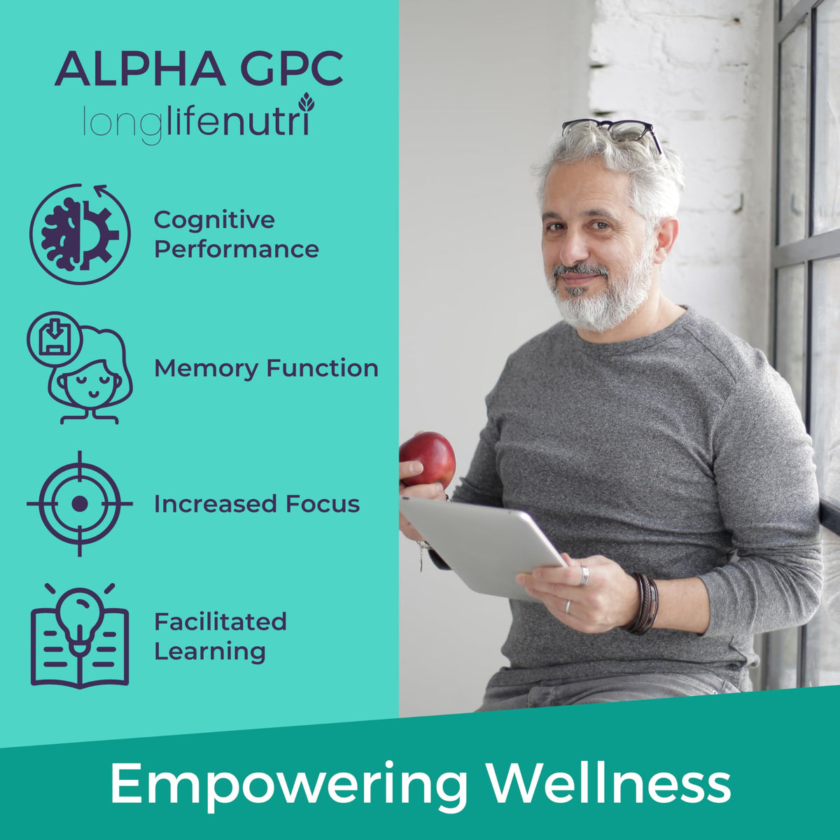 LongLifeNutri Alpha GPC 600mg bouteille ouverte avec capsules visibles