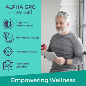 LongLifeNutri Alpha GPC 600mg bouteille ouverte avec capsules visibles