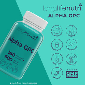 LongLifeNutri Alpha GPC 600mg capsules en gros plan