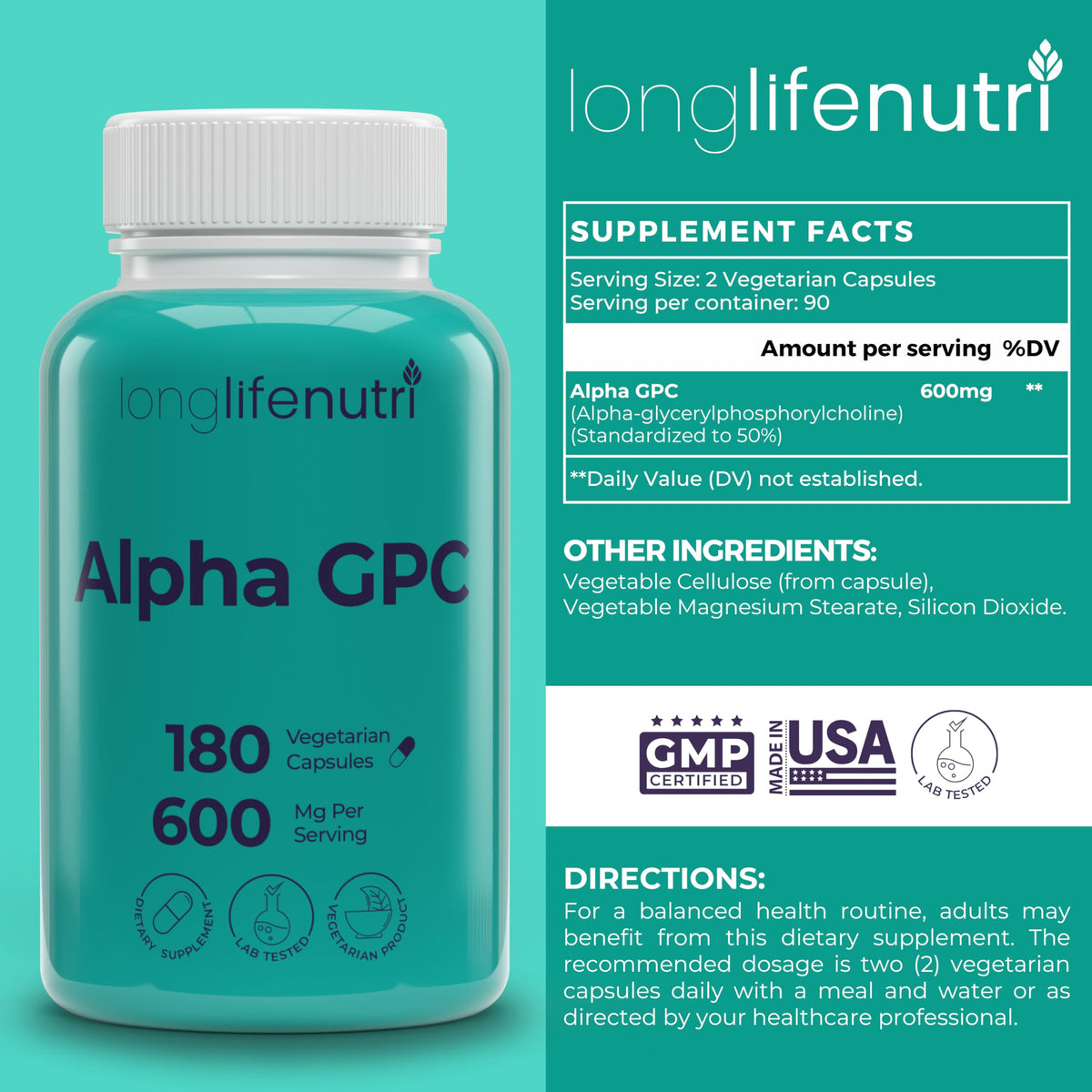 LongLifeNutri Alpha GPC 600mg capsules végétariennes sur un fond blanc