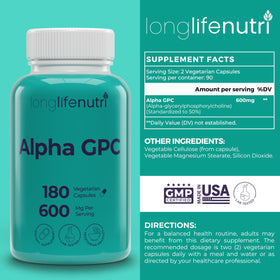 LongLifeNutri Alpha GPC 600mg capsules végétariennes sur un fond blanc