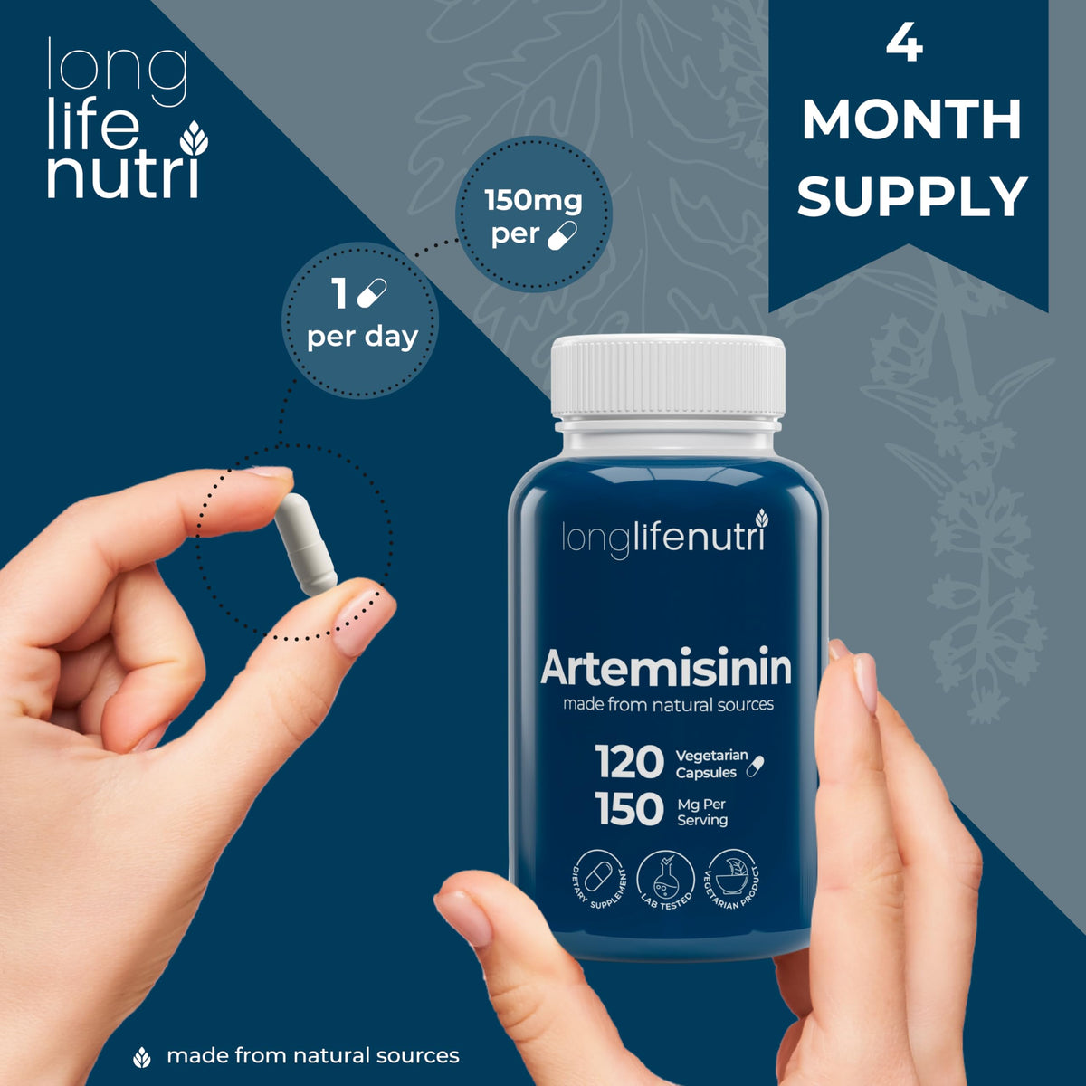 LongLifeNutri Artemisinin 150mg sur un fond de bois