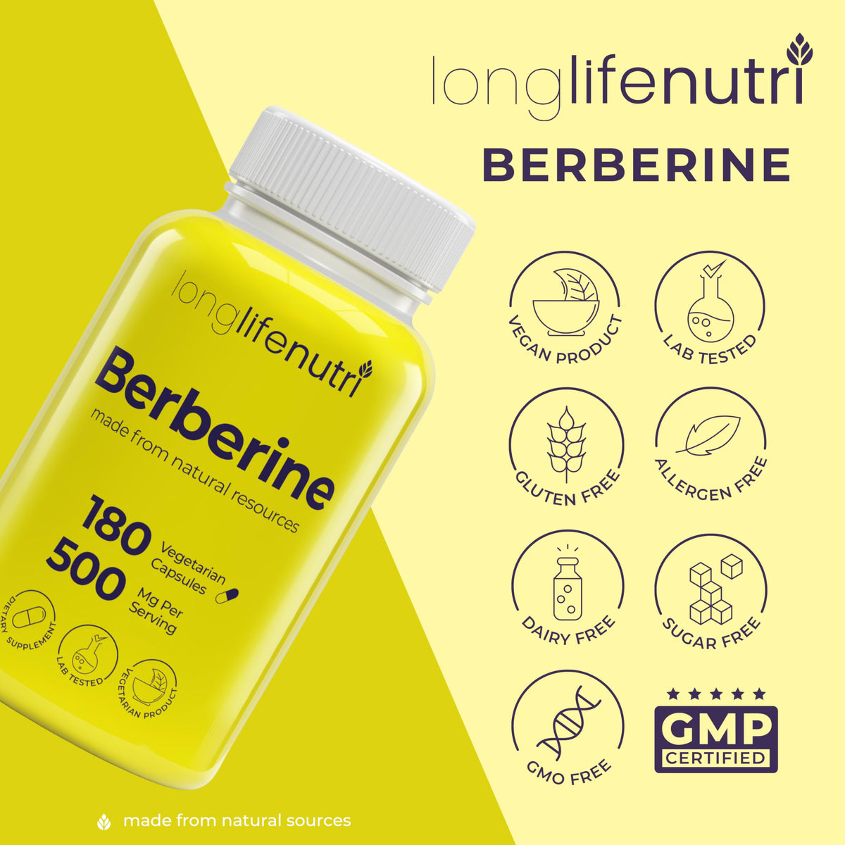 LongLifeNutri Berbérine 500mg HCL - capsules sur une table