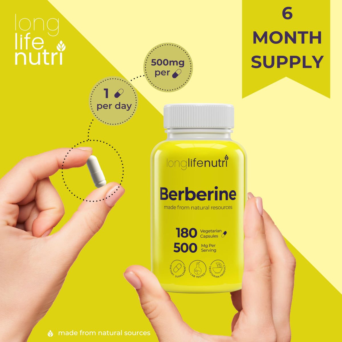 LongLifeNutri Berbérine 500mg HCL - vue des capsules