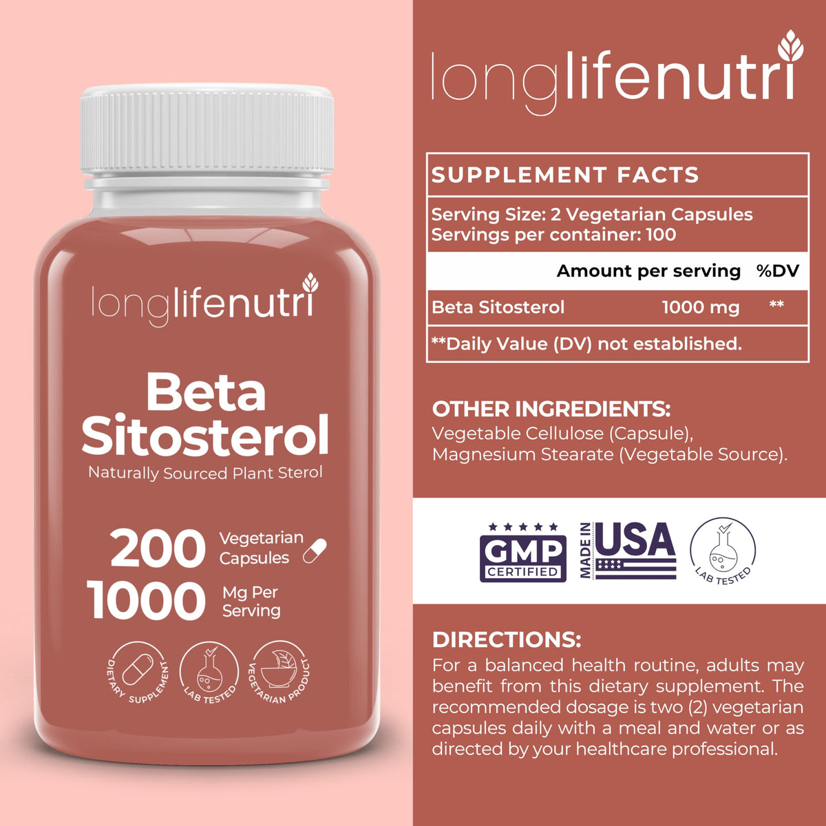 LongLifeNutri Beta Sitosterol 1000mg, gélule végétarienne sur fond blanc