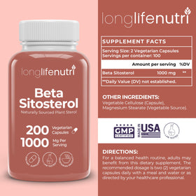 LongLifeNutri Beta Sitosterol 1000mg, gélule végétarienne sur fond blanc
