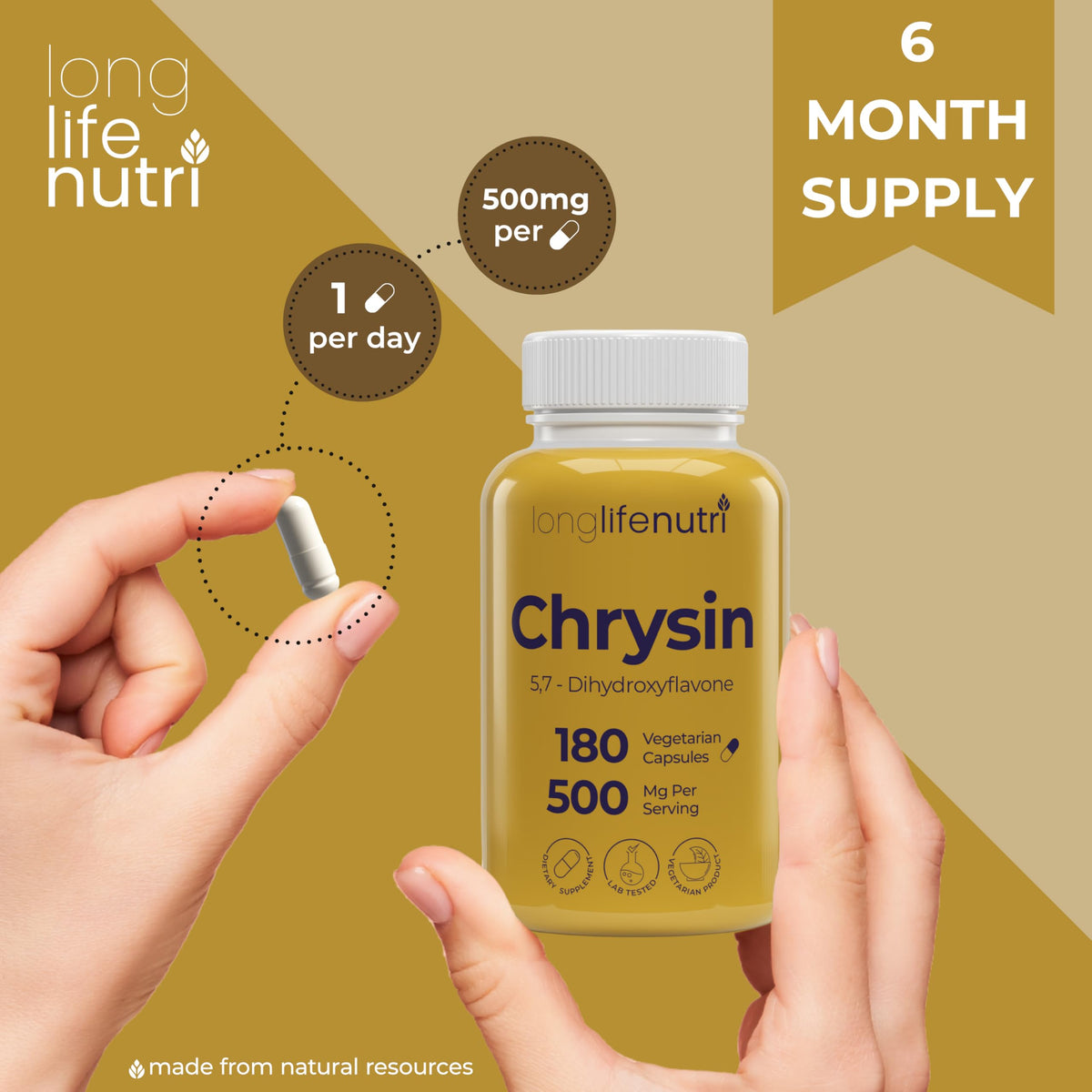 LongLifeNutri Chrysin 500mg dans un cadre naturel, mettant en valeur la fleur de passion