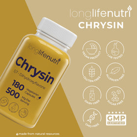 LongLifeNutri Chrysin 500mg sur une table avec d'autres compléments alimentaires