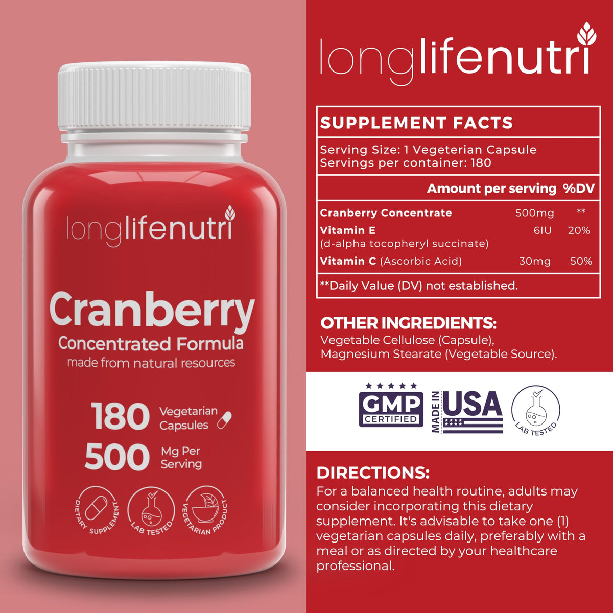 LongLifeNutri Extrait de Canneberge 500mg boîte avec 180 capsules