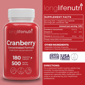 LongLifeNutri Extrait de Canneberge 500mg boîte avec 180 capsules