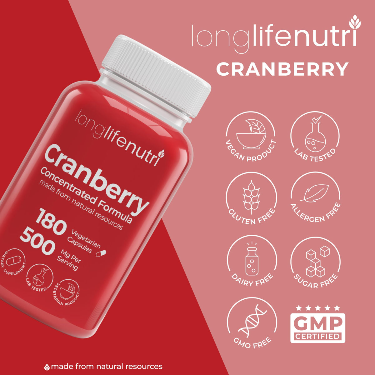 LongLifeNutri Extrait de Canneberge 500mg sur table en bois