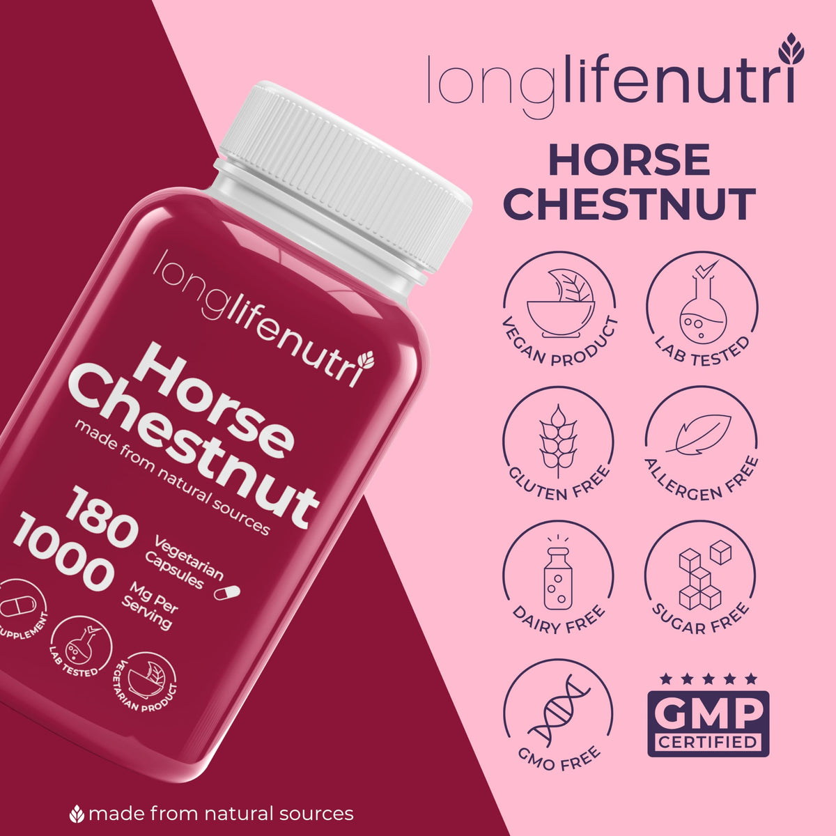 LongLifeNutri Extrait de Marronnier d'Inde 500mg avec des herbes environnantes