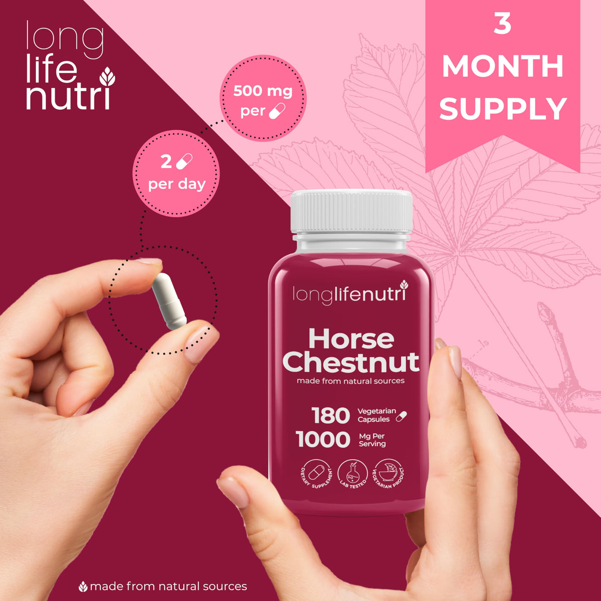 LongLifeNutri Extrait de Marronnier d'Inde 500mg capsules ouvertes montrant l'intérieur