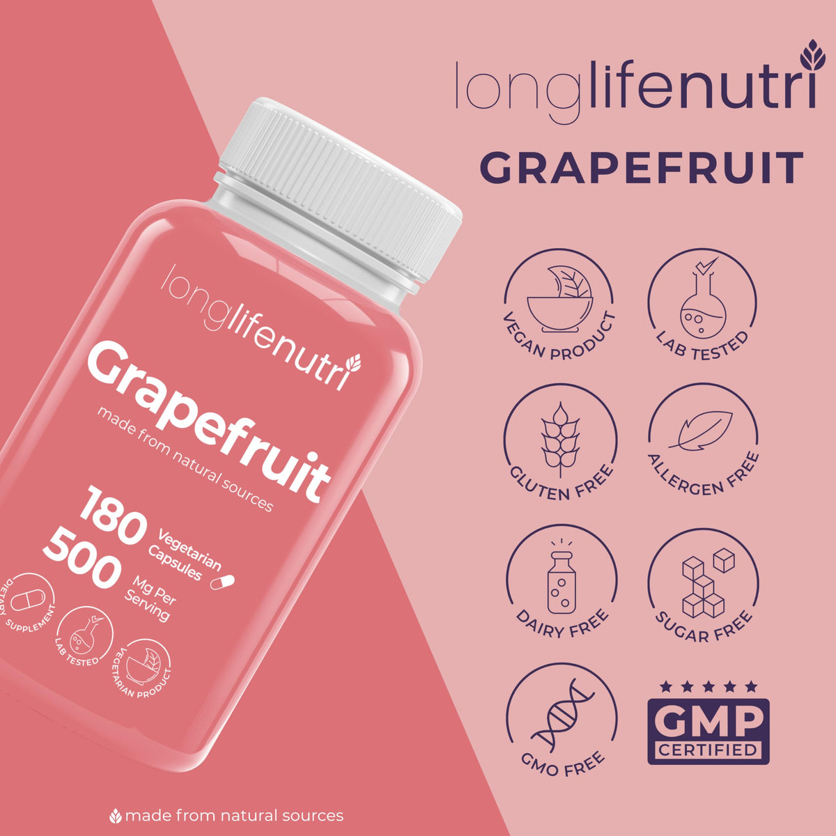 LongLifeNutri Extrait de Pépins de Pamplemousse 500mg capsules sur fond blanc