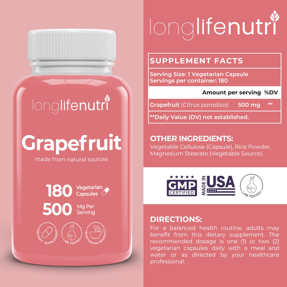 LongLifeNutri Extrait de Pépins de Pamplemousse 500mg capsules végétariennes