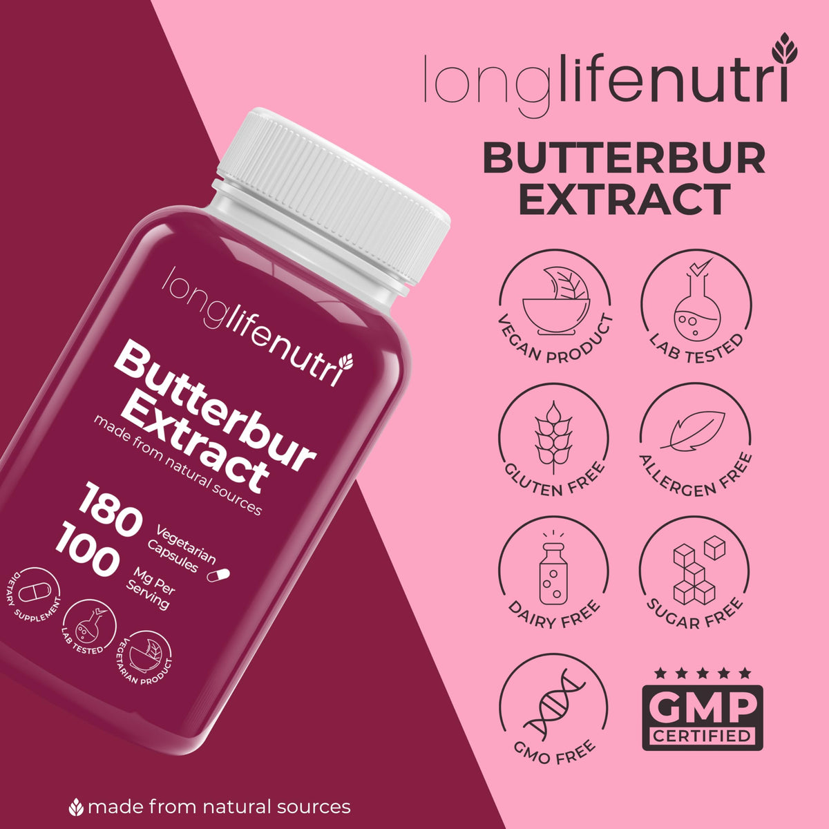 LongLifeNutri Extrait de Pétasite 100 mg avec une étiquette de certification GMP