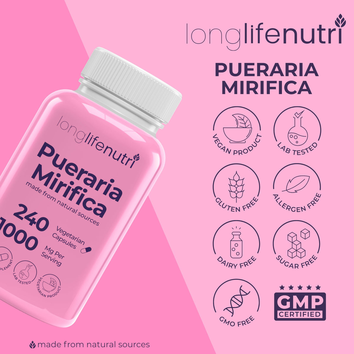 LongLifeNutri Extrait de Pueraria Mirifica sur fond blanc