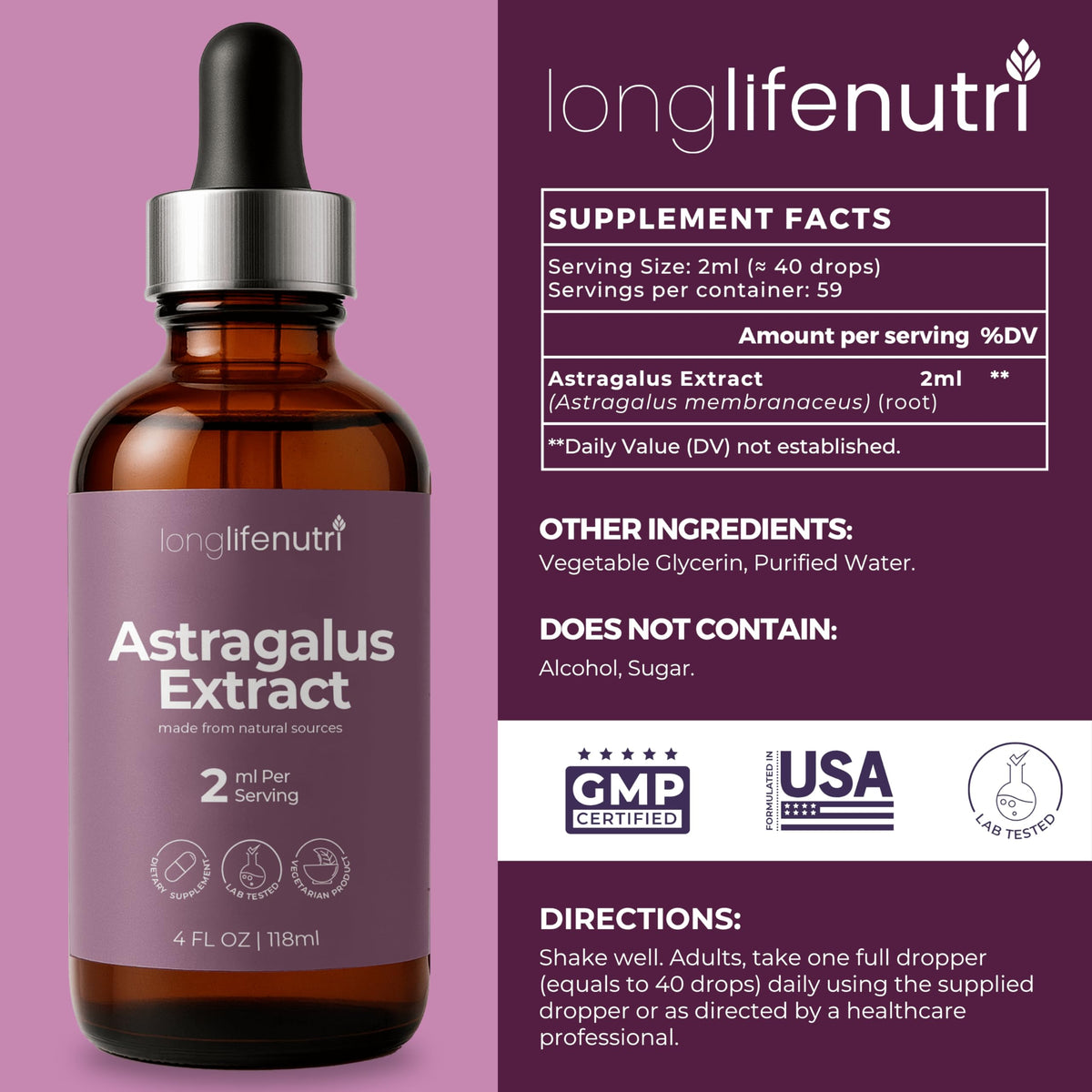 LongLifeNutri Extrait de Racine d'Astragale Liquide 118 ml avec bouchon ouvert