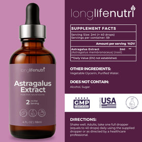 LongLifeNutri Extrait de Racine d'Astragale Liquide 118 ml avec bouchon ouvert