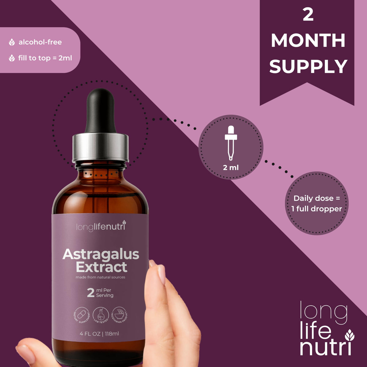 LongLifeNutri Extrait de Racine d'Astragale Liquide 118 ml avec une cuillère doseuse