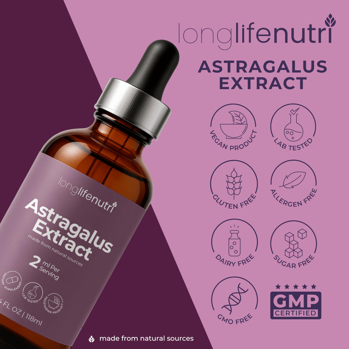 LongLifeNutri Extrait de Racine d'Astragale Liquide 118 ml en situation d'utilisation