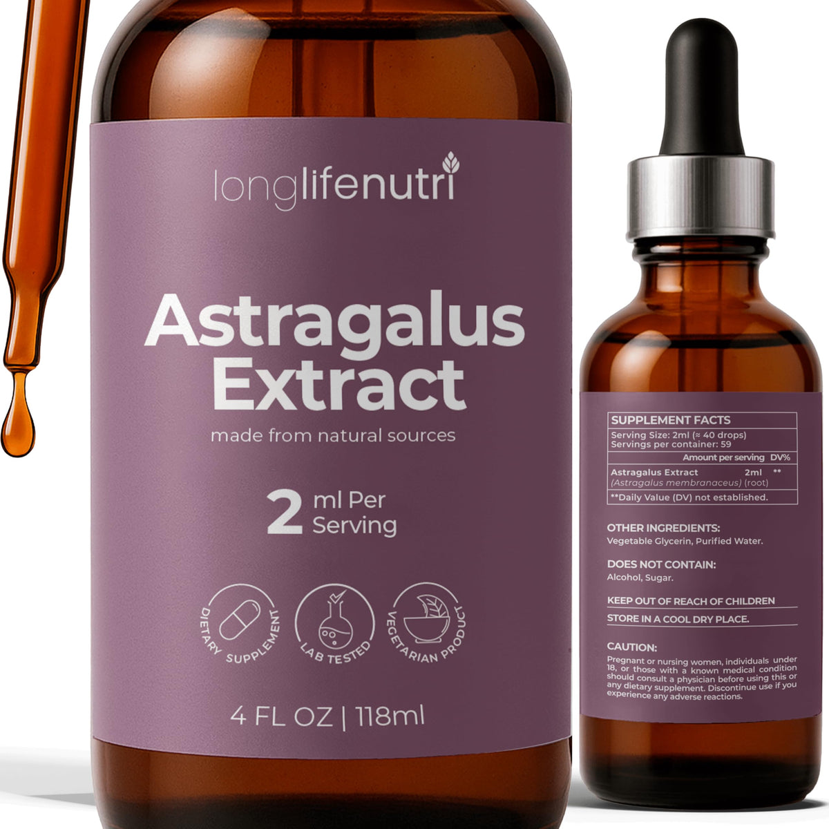 LongLifeNutri Extrait de Racine d'Astragale Liquide 118 ml vue de face