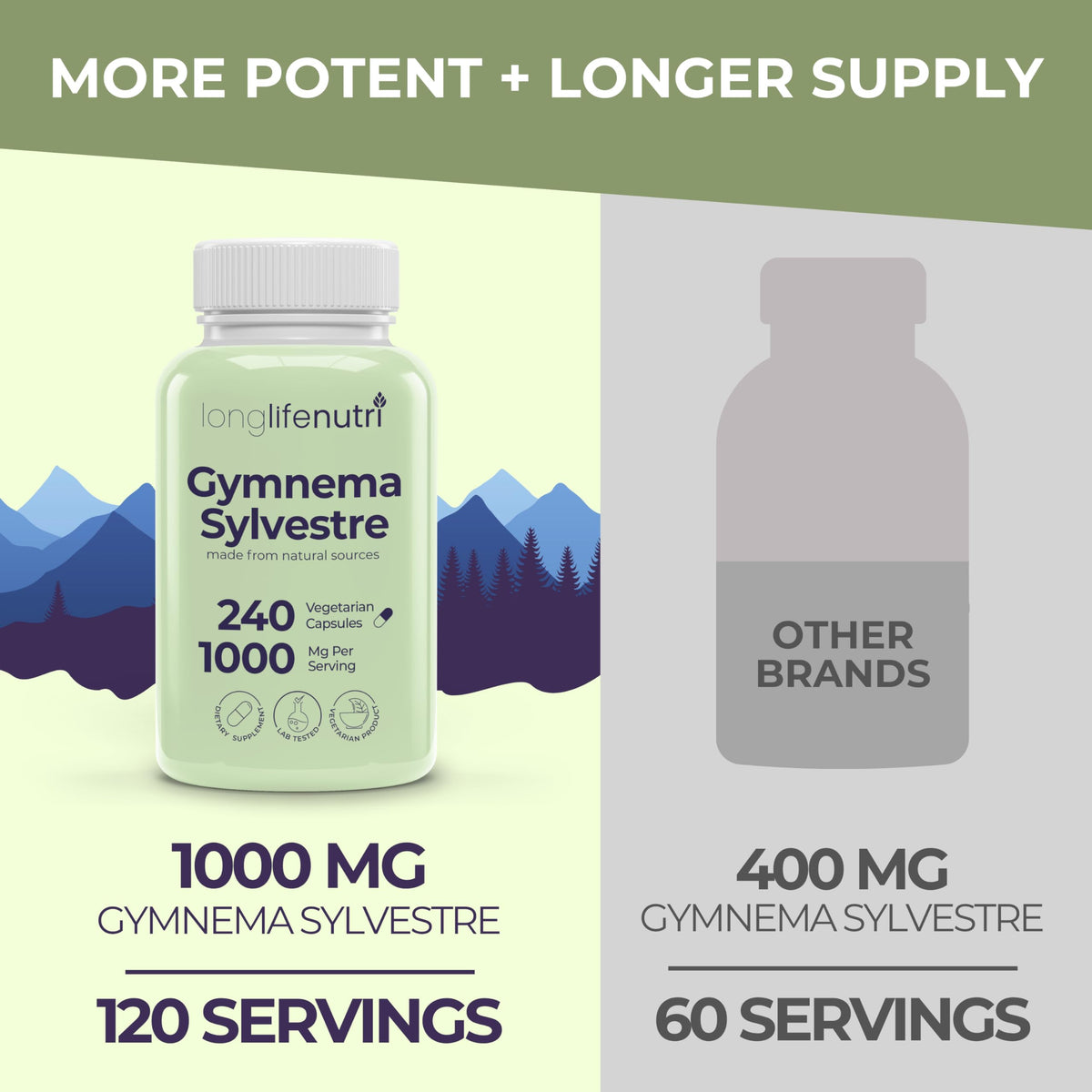 LongLifeNutri Gymnema Sylvestre 1000mg étiquette de produit avec ingrédients