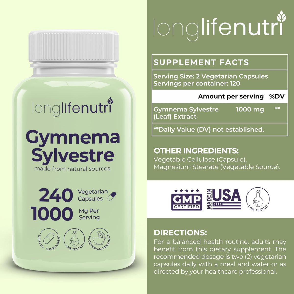 LongLifeNutri Gymnema Sylvestre 1000mg gélules végétales sur fond blanc