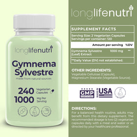 LongLifeNutri Gymnema Sylvestre 1000mg gélules végétales sur fond blanc