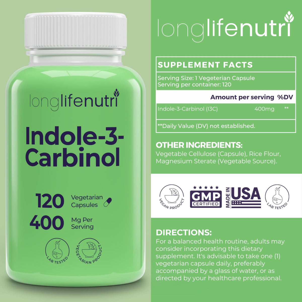 LongLifeNutri Indole-3-Carbinol 400mg capsules avec étiquette visible