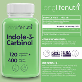LongLifeNutri Indole-3-Carbinol 400mg capsules avec étiquette visible