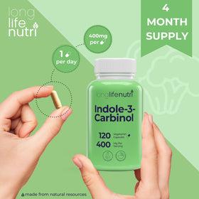 LongLifeNutri Indole-3-Carbinol 400mg capsules avec un verre d'eau