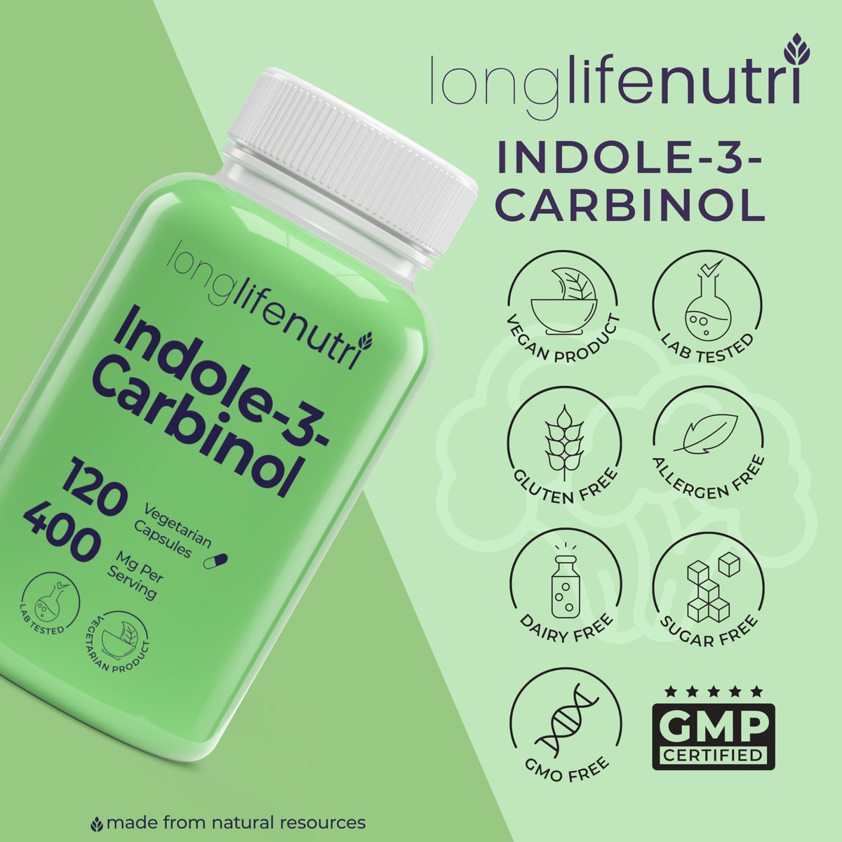 LongLifeNutri Indole-3-Carbinol 400mg capsules, vue de côté