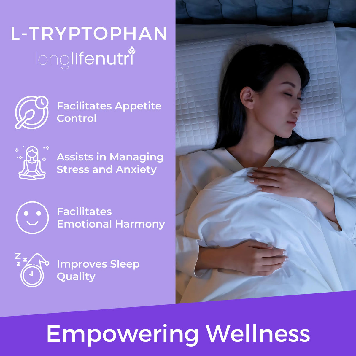 LongLifeNutri L-Tryptophan 500mg 180 capsules dans un environnement de cuisine