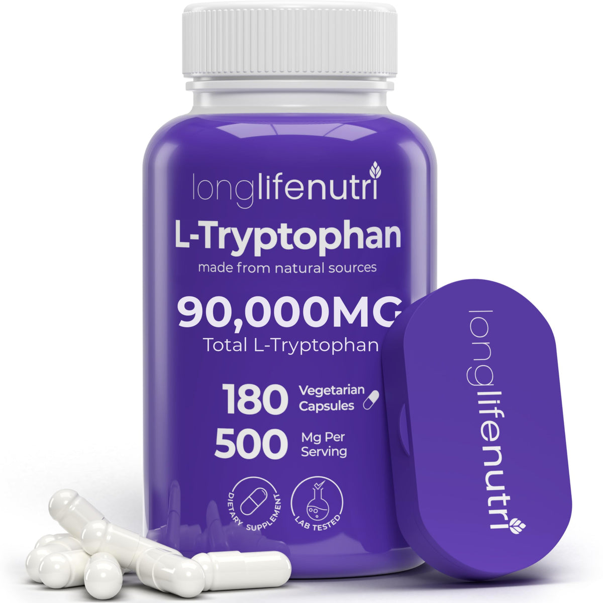 LongLifeNutri L-Tryptophan 500mg 180 capsules végétales vue de face