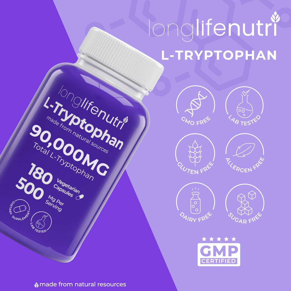 LongLifeNutri L-Tryptophan 500mg avec d'autres compléments alimentaires