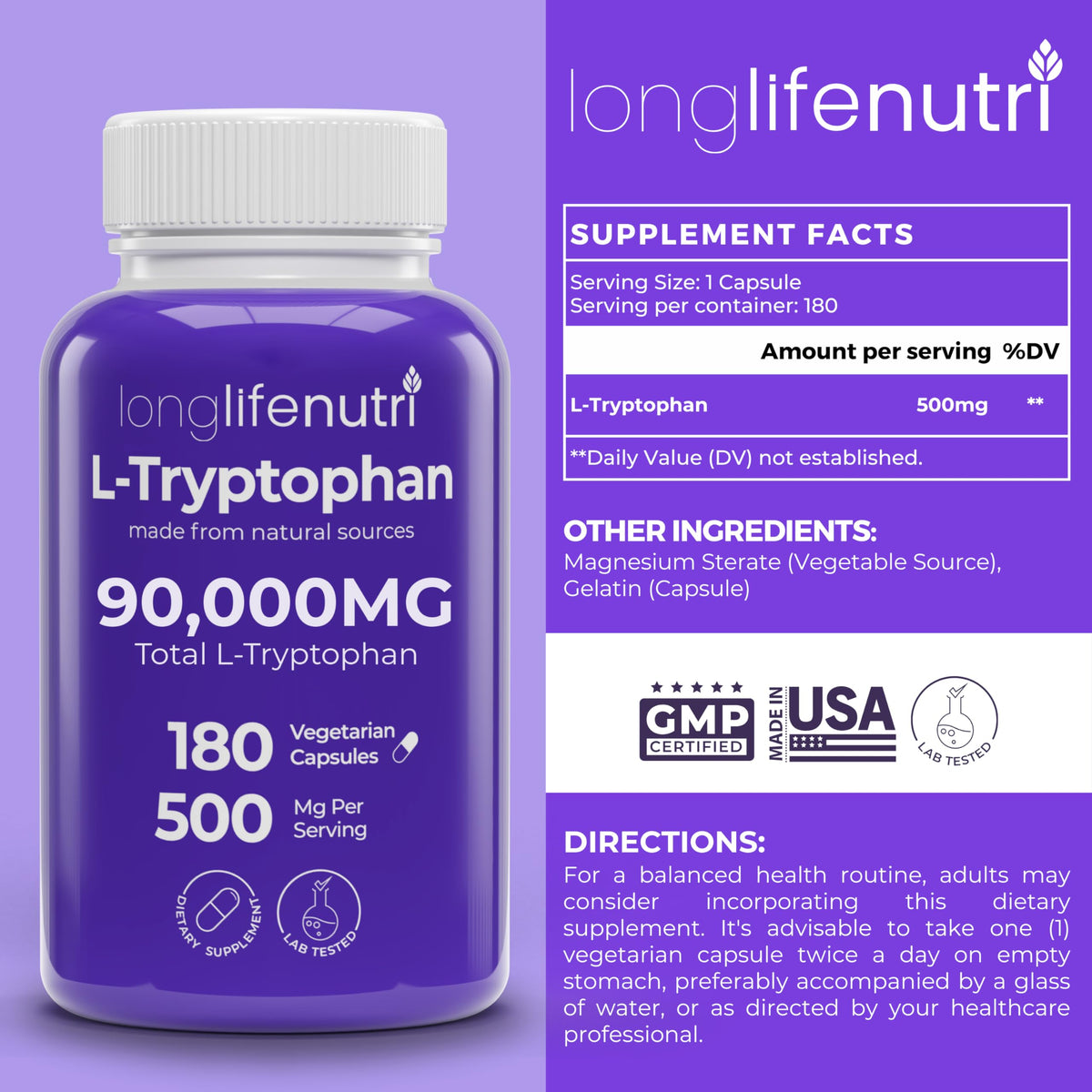 LongLifeNutri L-Tryptophan 500mg emballage avec informations nutritionnelles