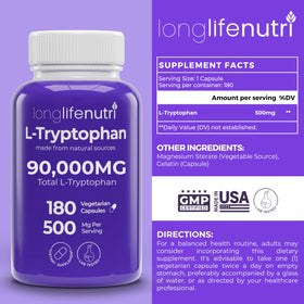 LongLifeNutri L-Tryptophan 500mg emballage avec informations nutritionnelles
