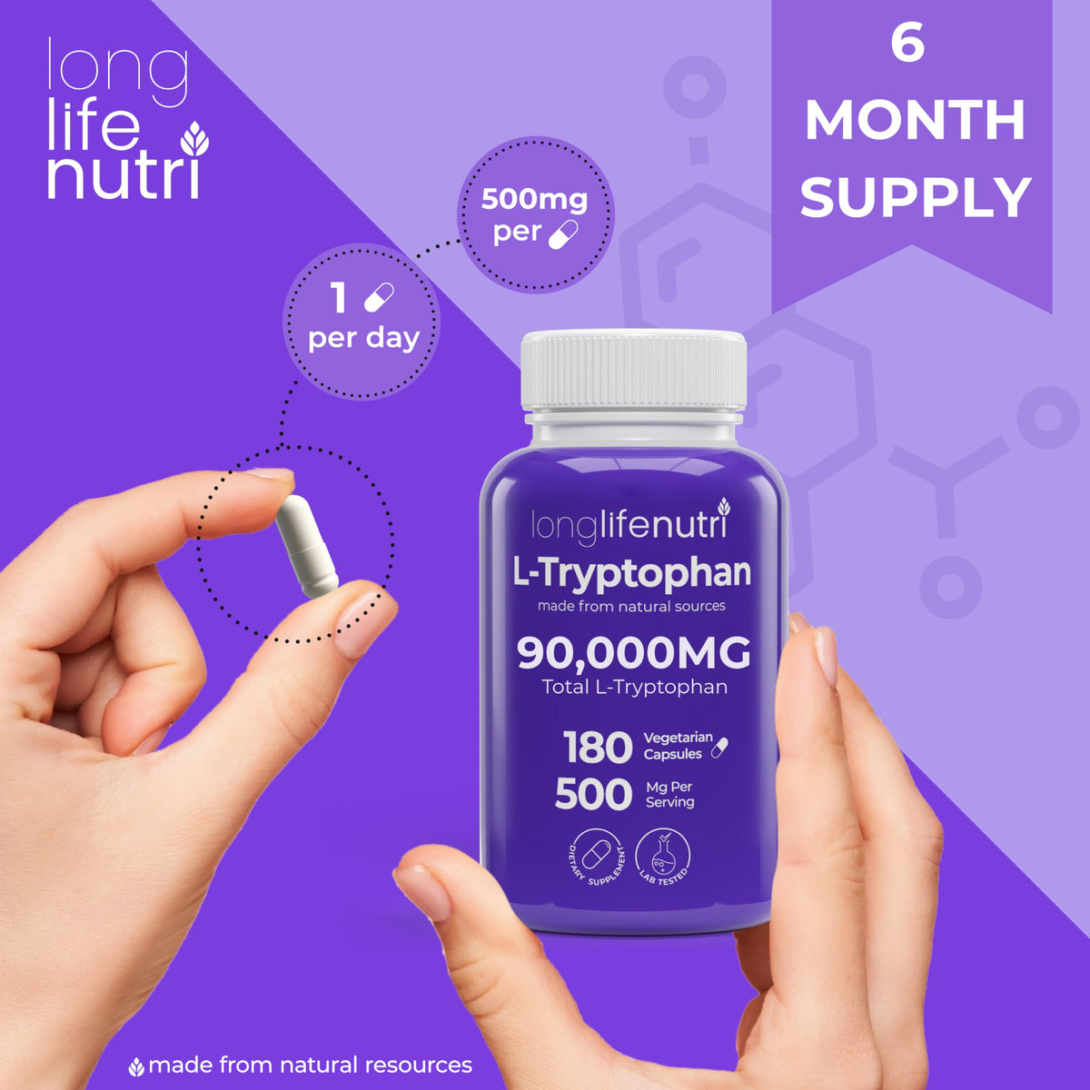 LongLifeNutri L-Tryptophan 500mg près d'un verre d'eau