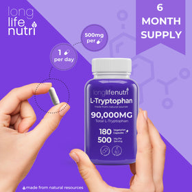 LongLifeNutri L-Tryptophan 500mg près d'un verre d'eau