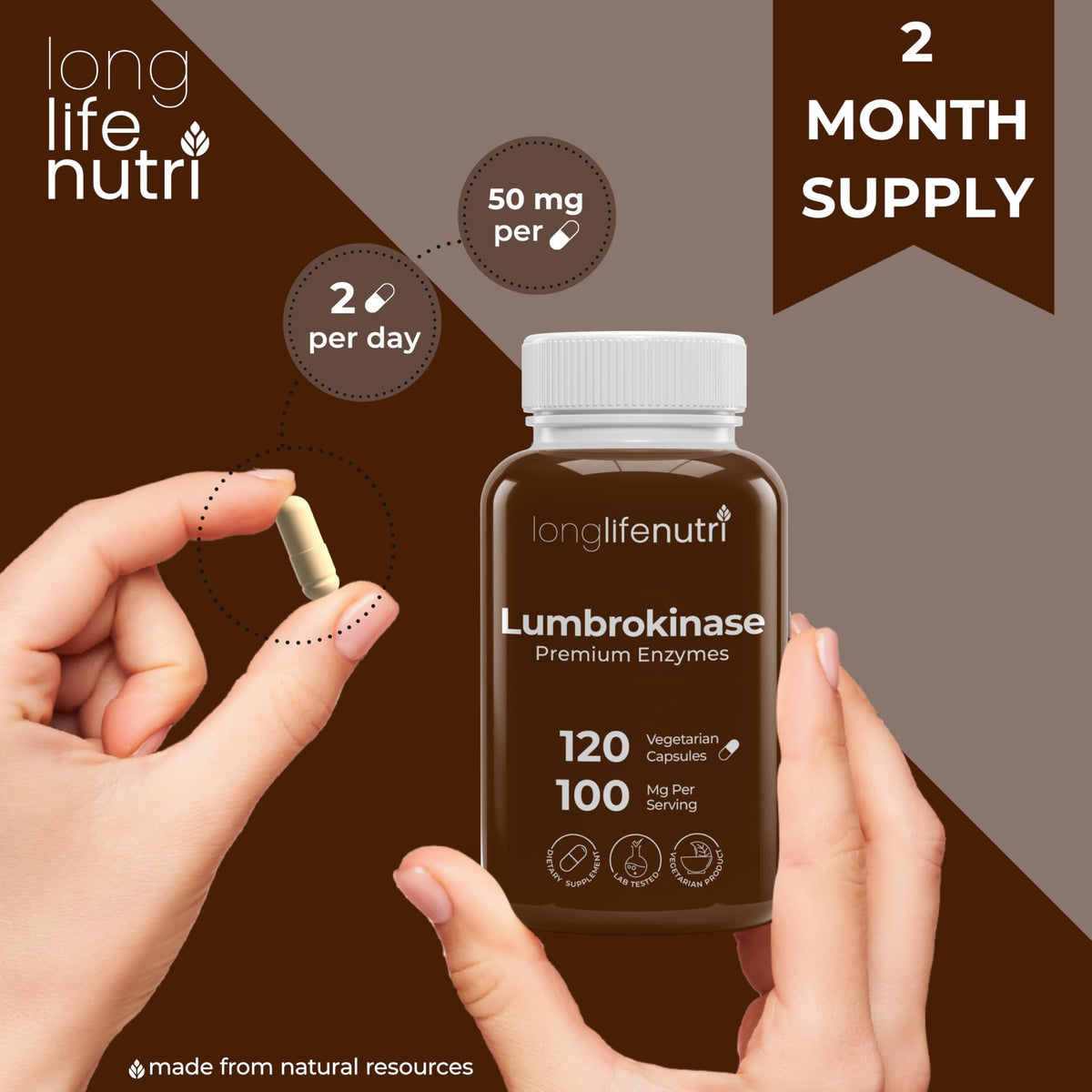 LongLifeNutri Lumbrokinase 100mg capsules sur une table