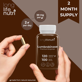 LongLifeNutri Lumbrokinase 100mg capsules sur une table
