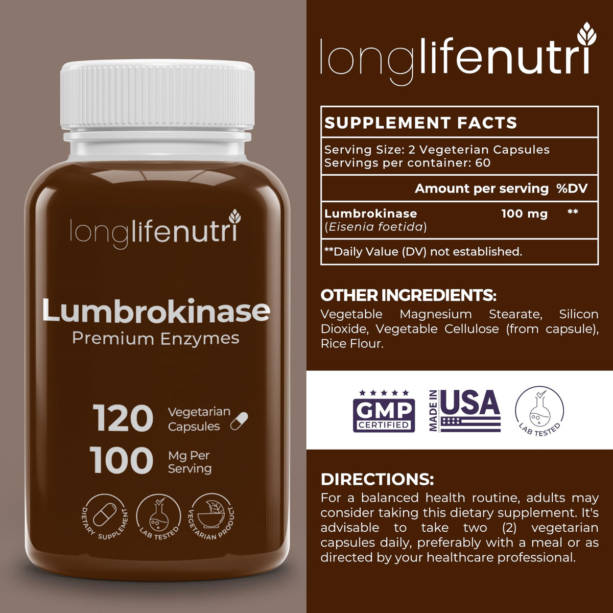 LongLifeNutri Lumbrokinase 100mg capsules végétariennes avec boîte