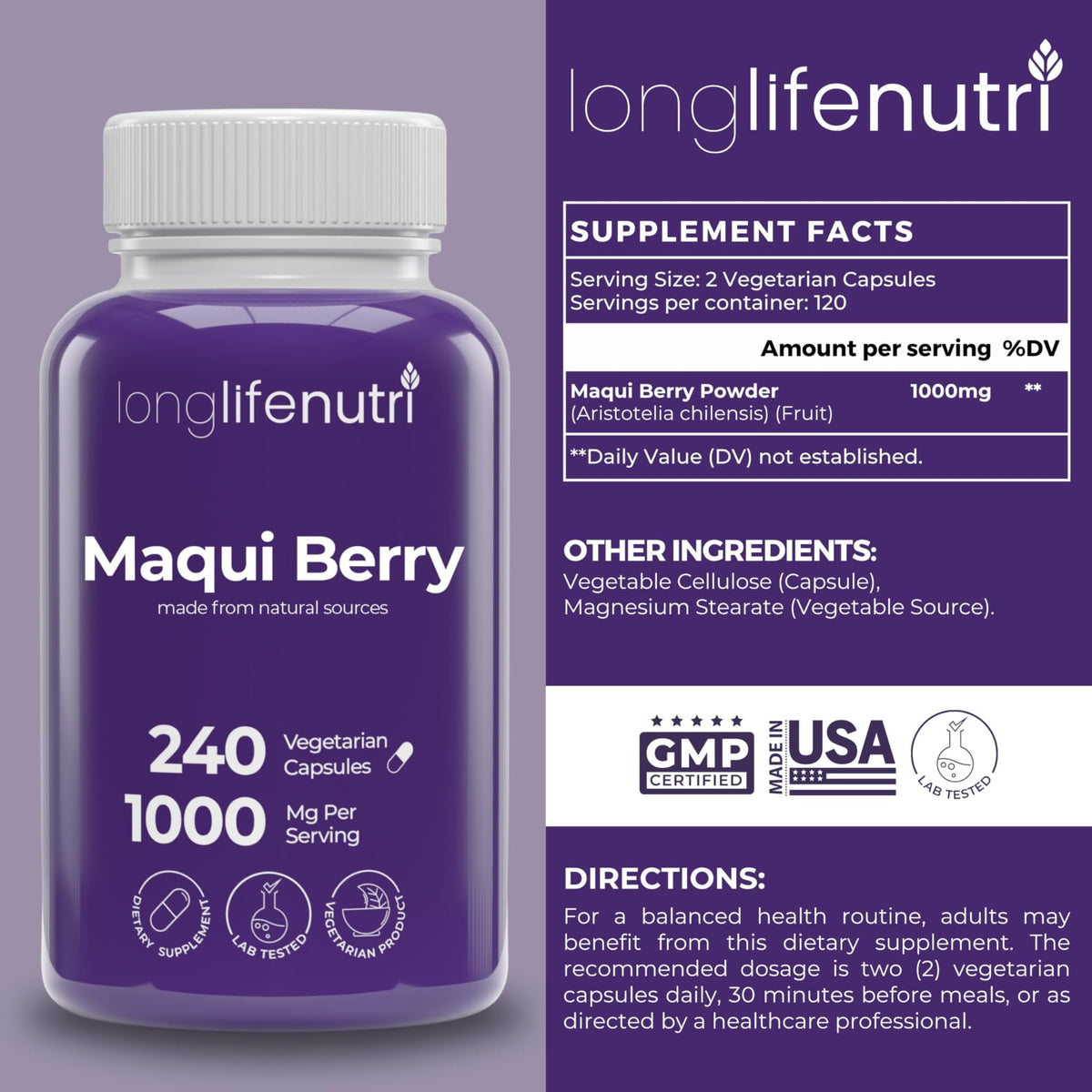 LongLifeNutri Maqui Berry 1000 mg emballage et capsules